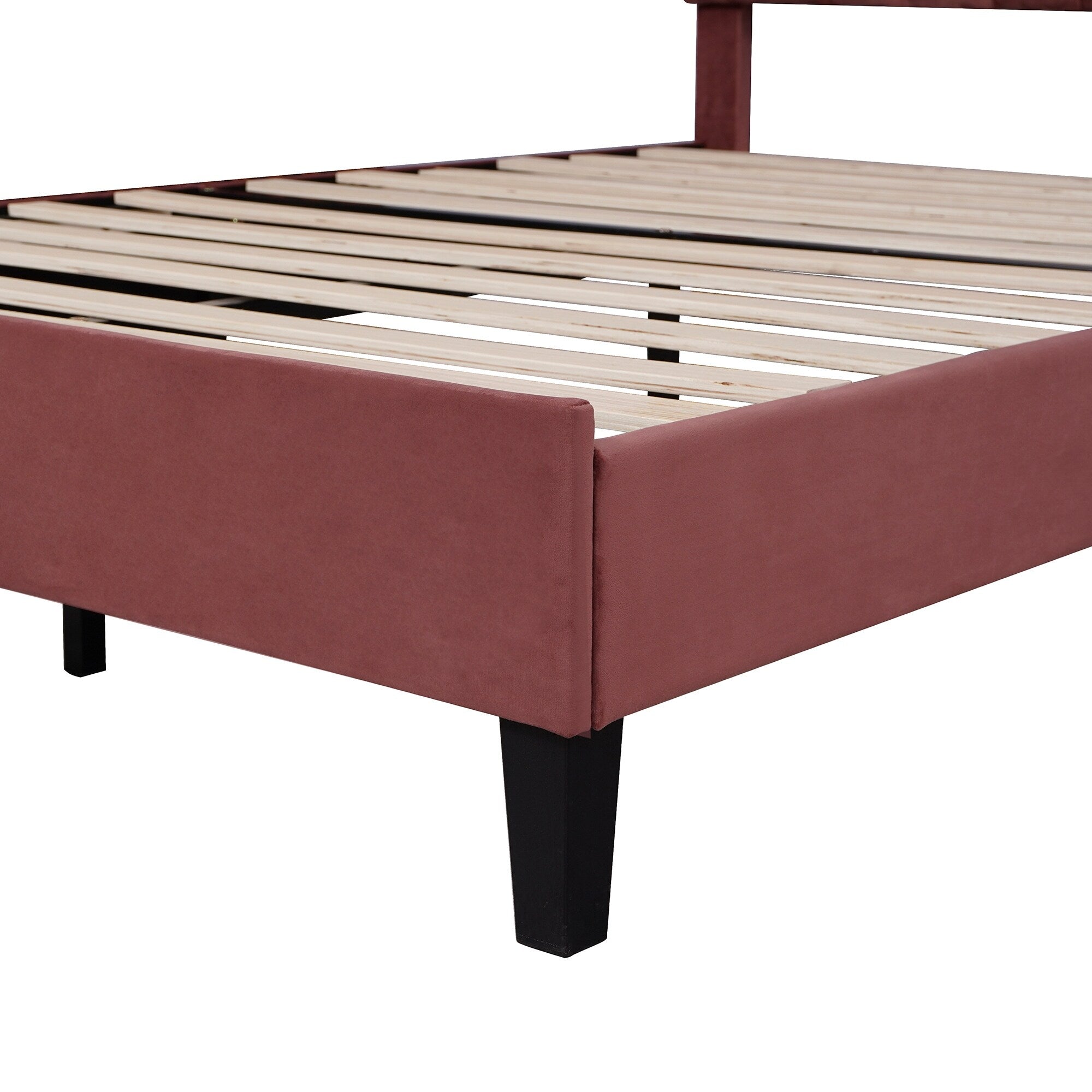 Upholstered Queen Size Platform Bed with Flower Pattern Velvet Headboard Wooden Bed Frame with Wood Slat Support for Bedroom Bean Paste Red