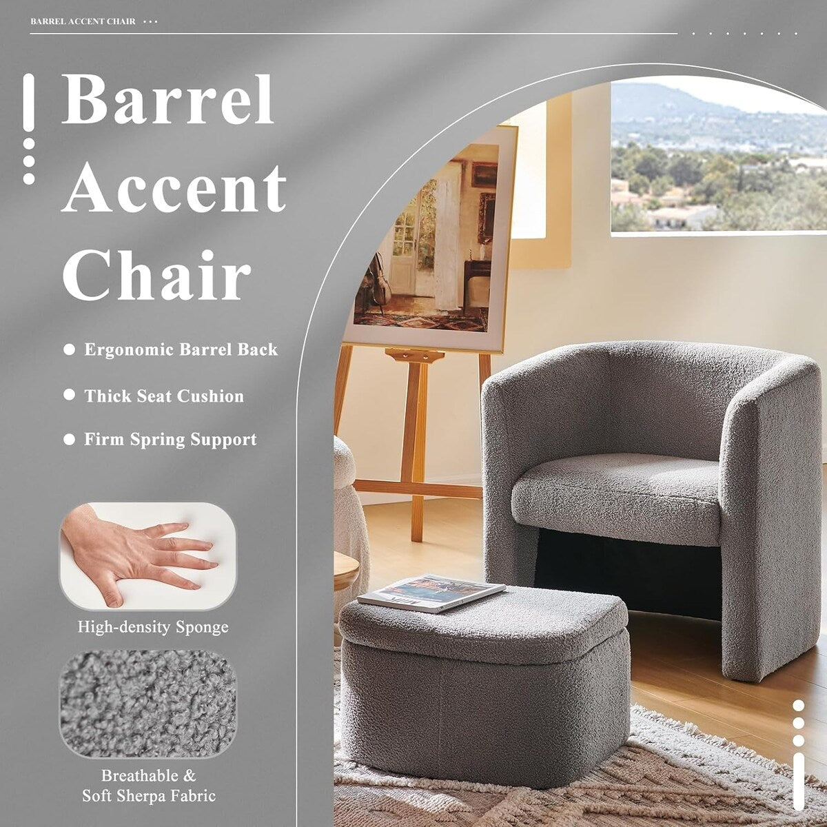 Sherpa Barrel Chair Accent Chair with Storage Ottoman Set