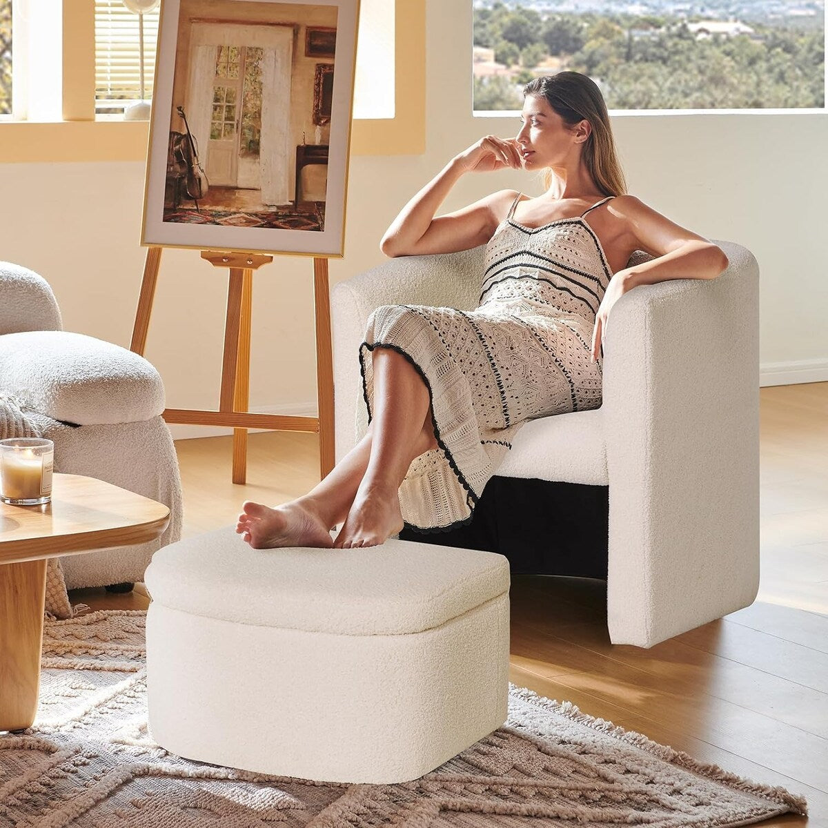 Sherpa Barrel Chair Accent Chair with Storage Ottoman Set