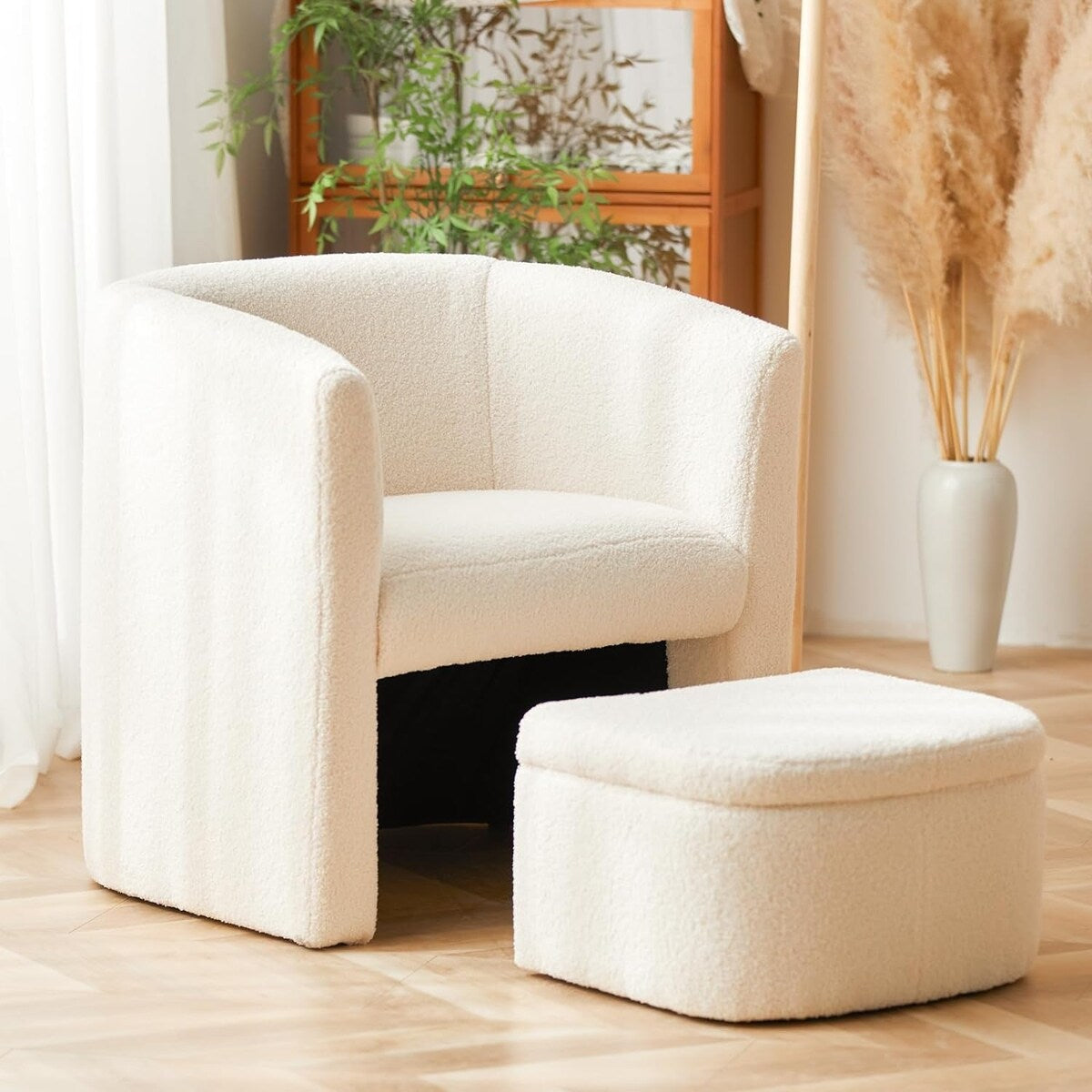 Sherpa Barrel Chair Accent Chair with Storage Ottoman Set