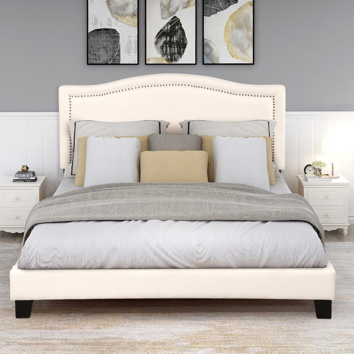 Upholstered Standard Bed, Beige, Queen