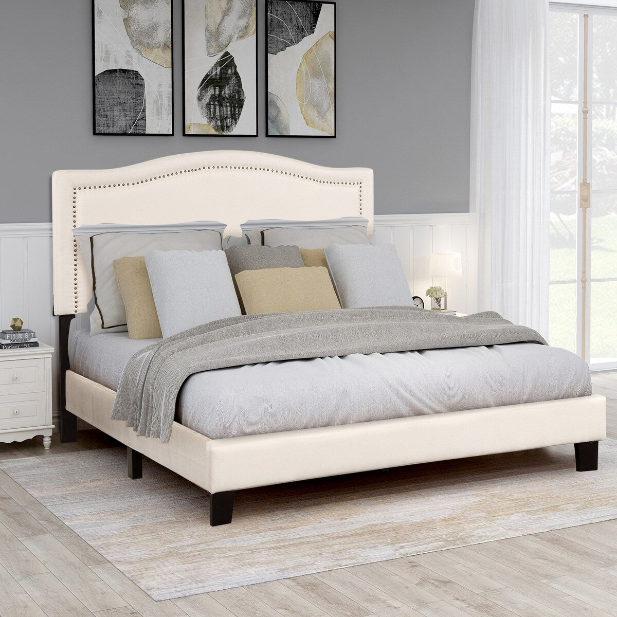 Upholstered Standard Bed, Beige, Queen