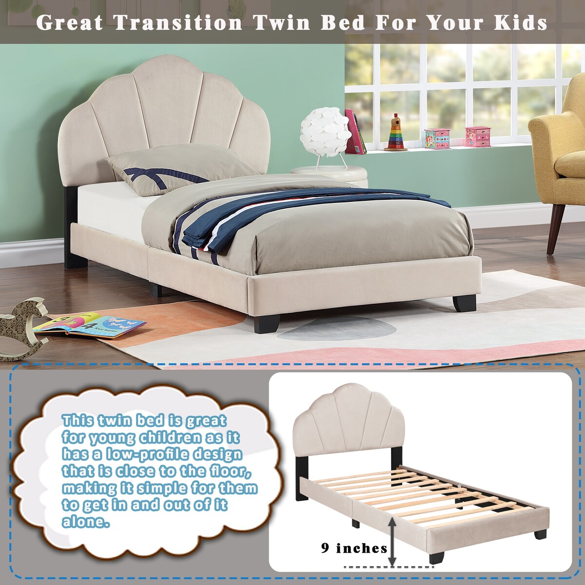 Upholstered Twin Size Platform Bed for Kids