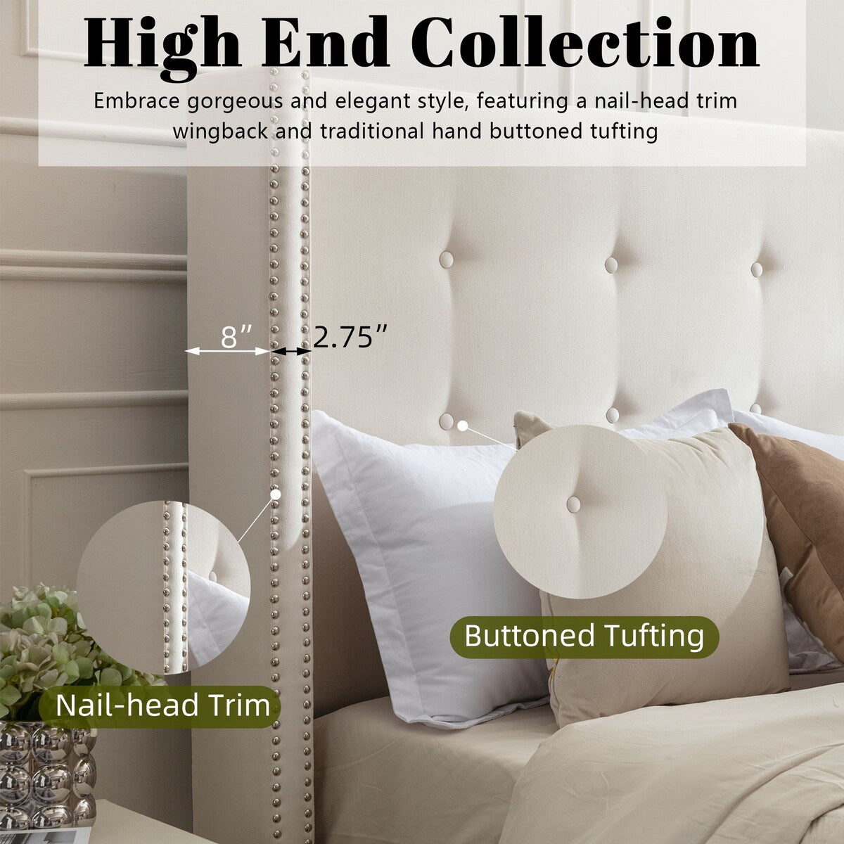 Upholstered Velvet King Bed,54" High Wingback Headboard with Hand Buttoned Tufting