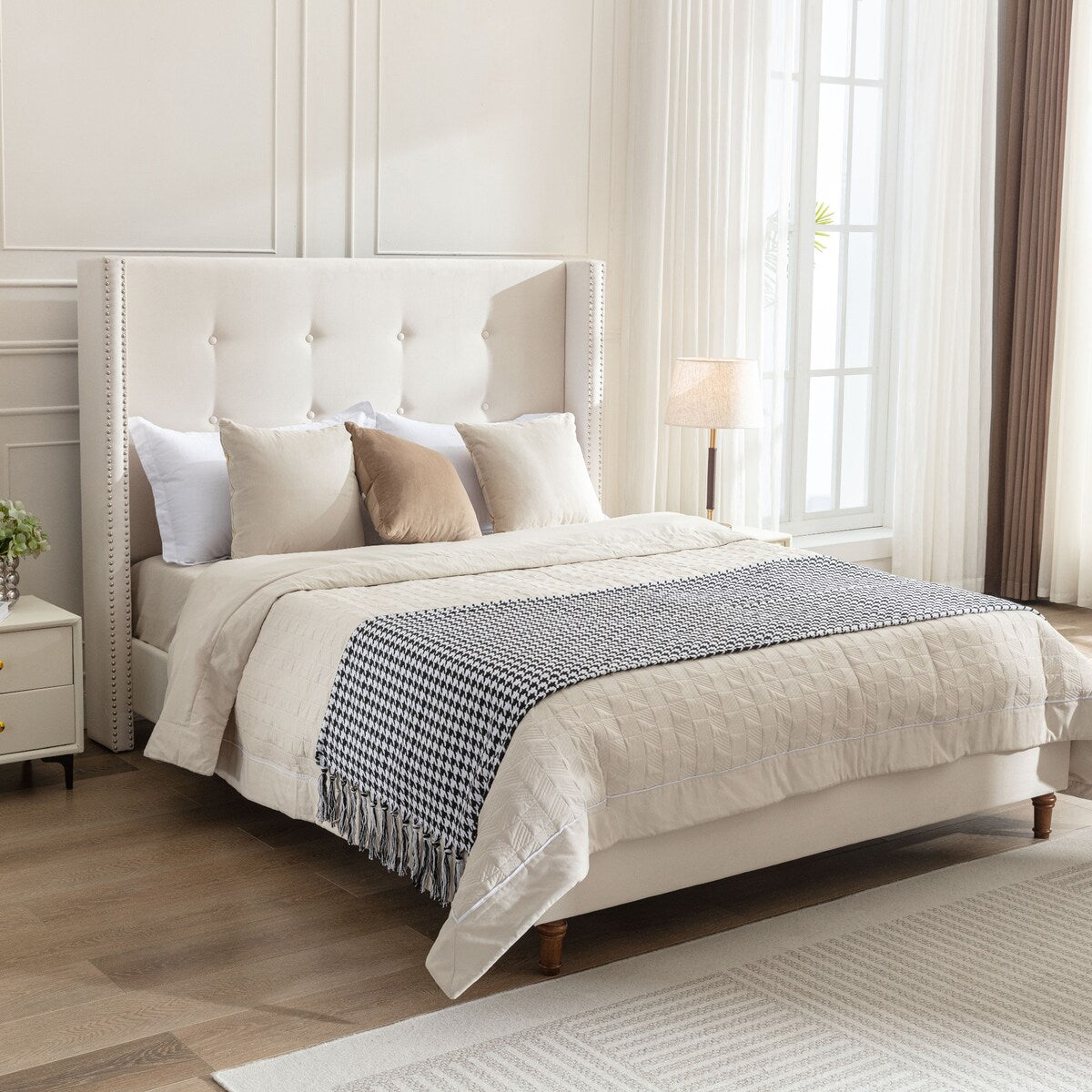Upholstered Velvet King Bed,54" High Wingback Headboard with Hand Buttoned Tufting