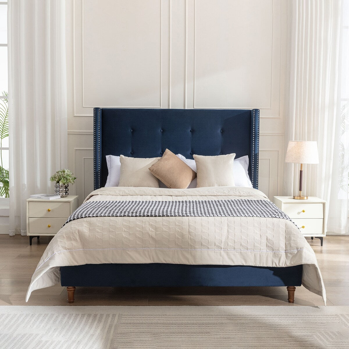 Upholstered Velvet King Bed,54" High Wingback Headboard with Hand Buttoned Tufting