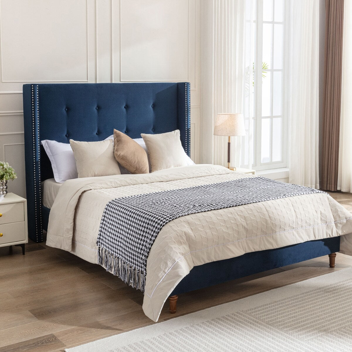 Upholstered Velvet King Bed,54" High Wingback Headboard with Hand Buttoned Tufting