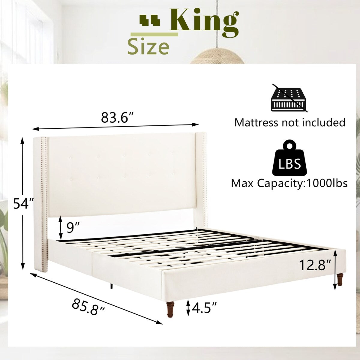 Upholstered Velvet King Bed,54" High Wingback Headboard with Hand Buttoned Tufting