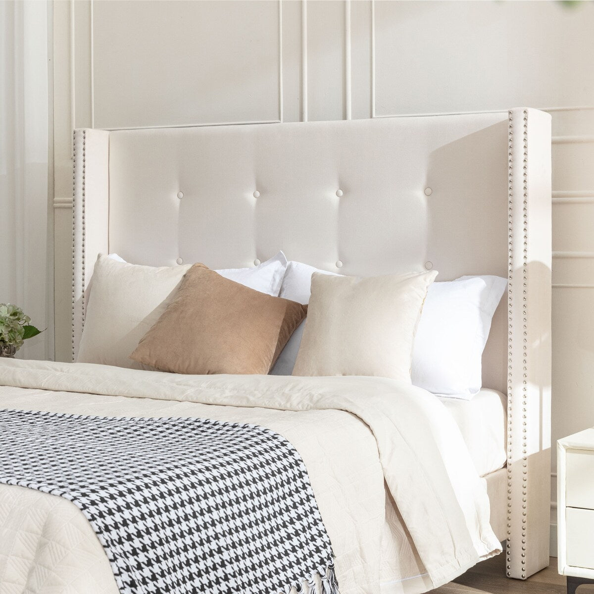 Upholstered Velvet King Bed,54" High Wingback Headboard with Hand Buttoned Tufting