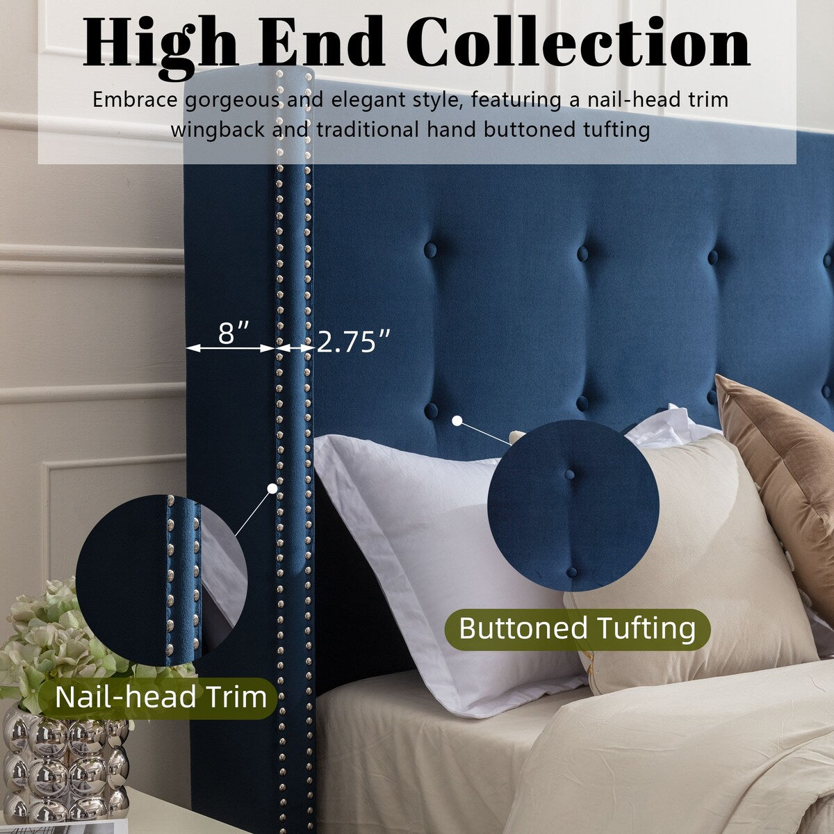 Upholstered Velvet King Bed,54" High Wingback Headboard with Hand Buttoned Tufting