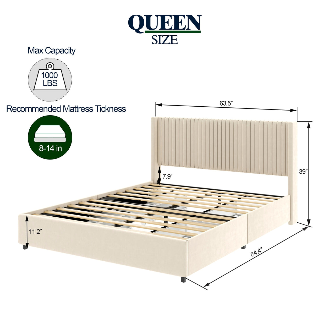Upholstered Wingback Platform Bed with Patented 4 Drawers Storage