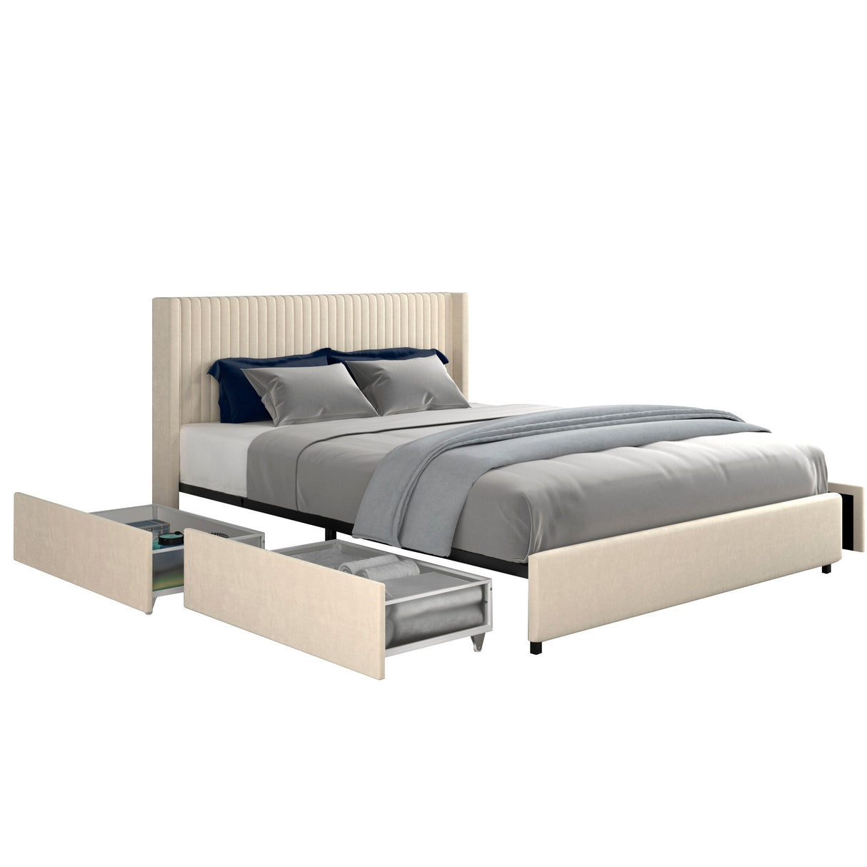 Upholstered Wingback Platform Bed with Patented 4 Drawers Storage