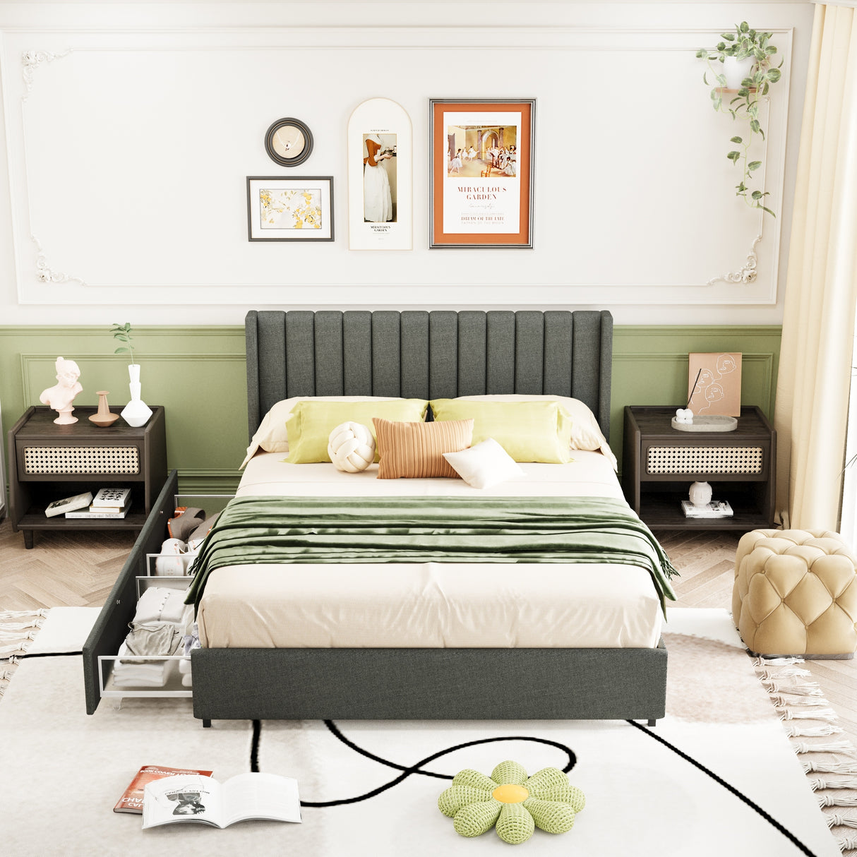 Upholstered Wingback Platform Bed with Patented 4 Drawers Storage