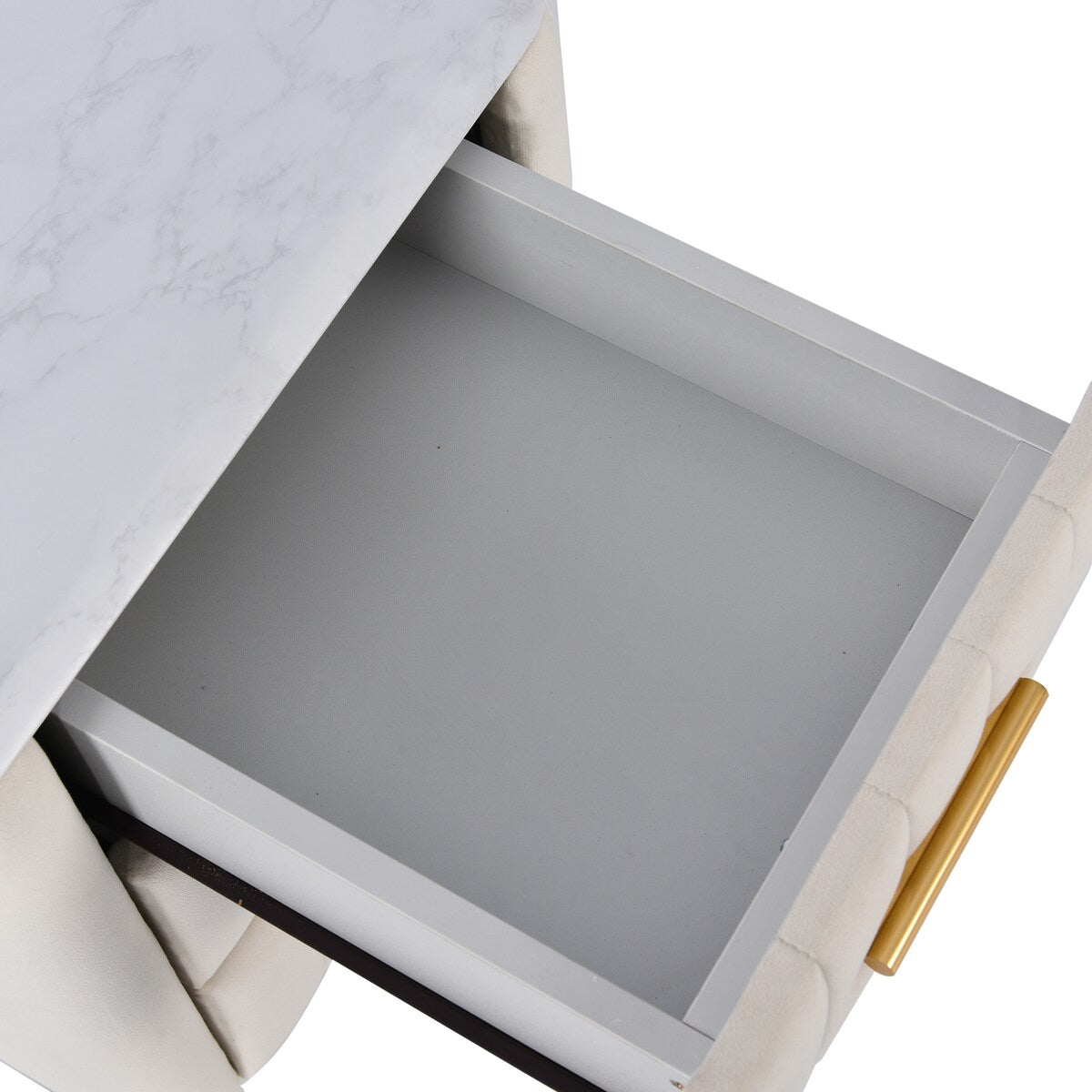 Upholstered Wooden Nightstand with 3 Drawers and Metal Legs