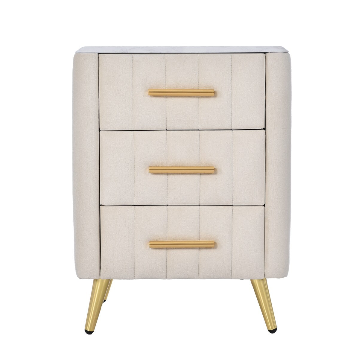 Upholstered Wooden Nightstand with 3 Drawers and Metal Legs
