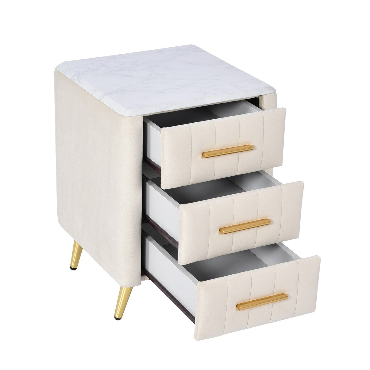 Upholstered Wooden Nightstand with 3 Drawers and Metal Legs
