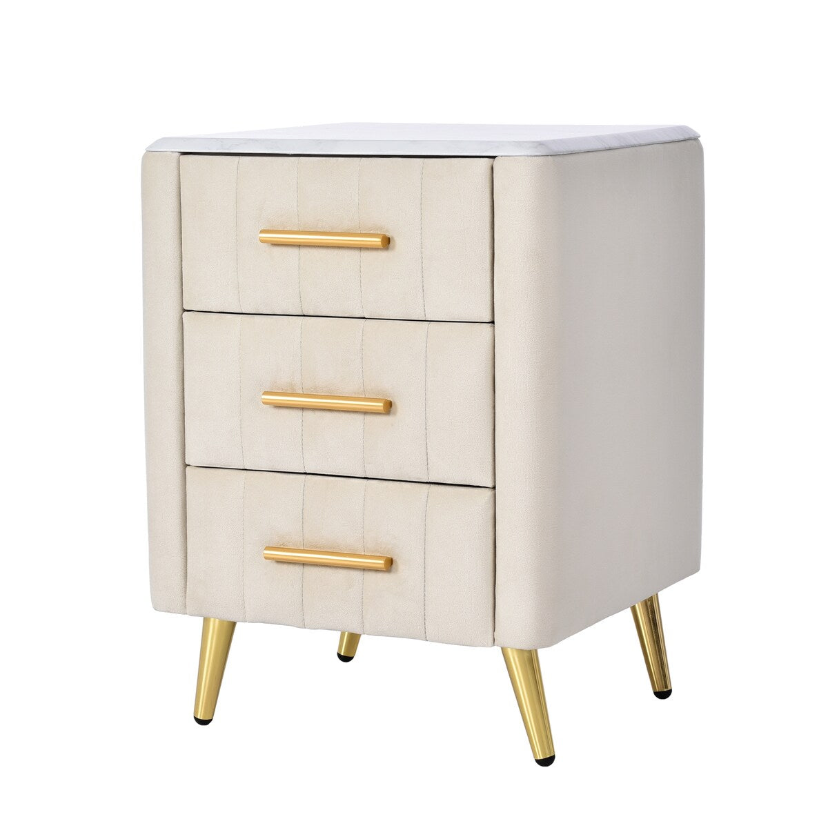 Upholstered Wooden Nightstand with 3 Drawers and Metal Legs