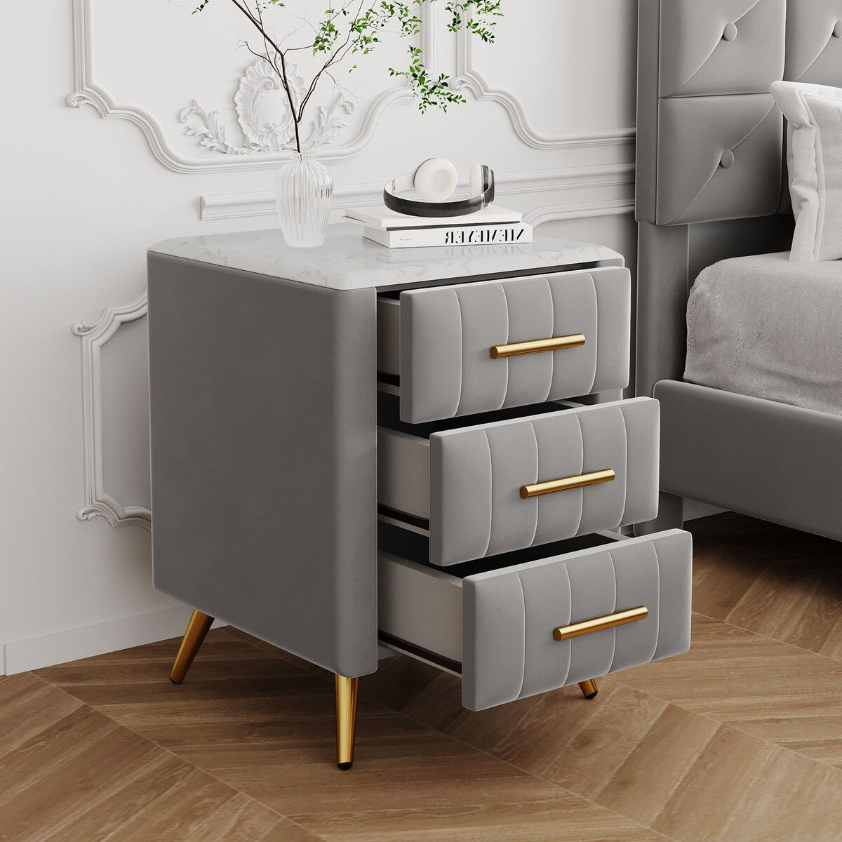 Upholstered Wooden Nightstand with 3 Drawers and Metal Legs