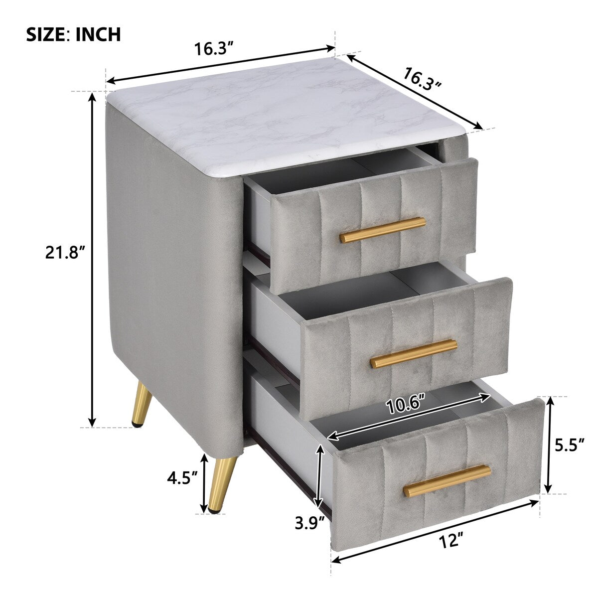 Upholstered Wooden Nightstand with 3 Drawers and Metal Legs