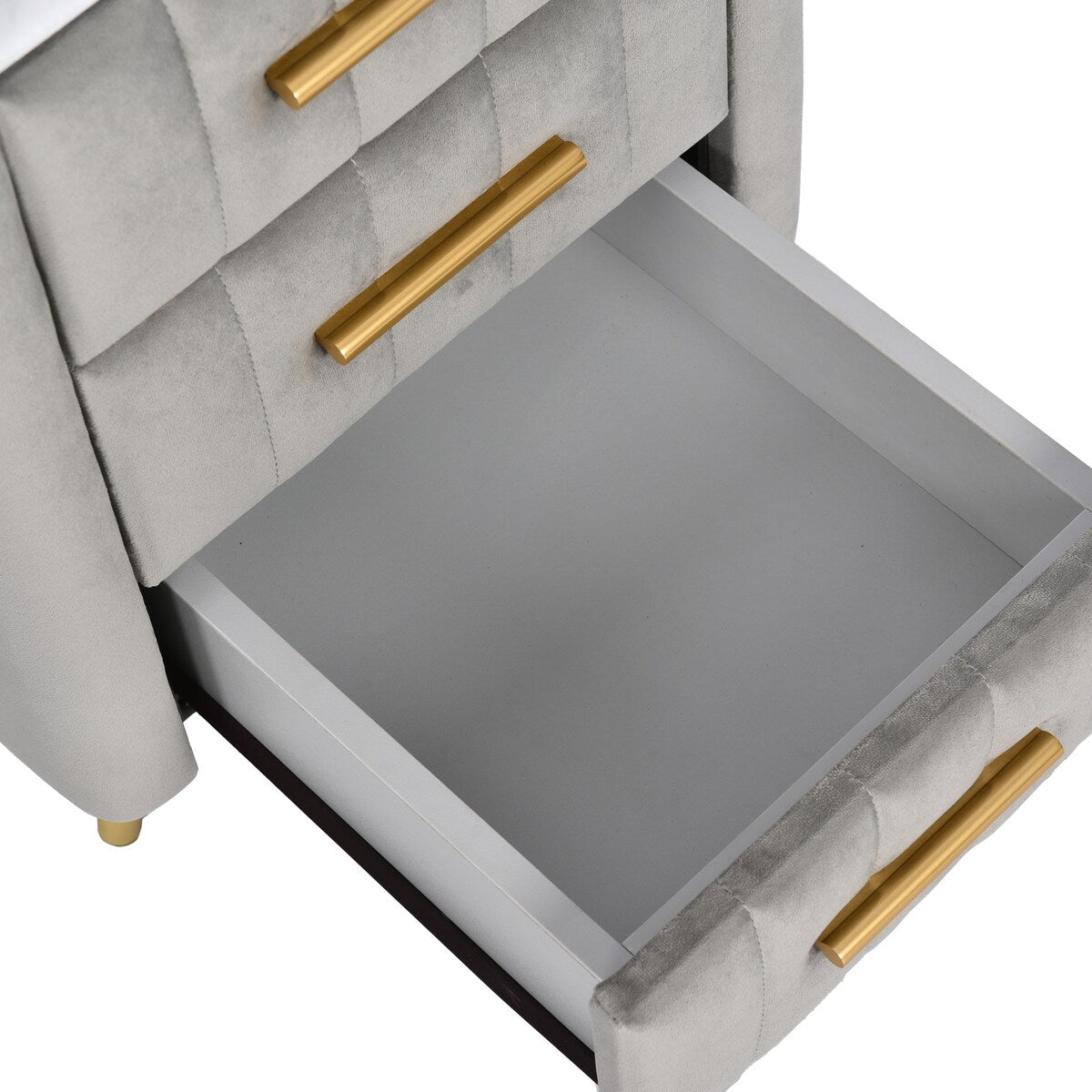 Upholstered Wooden Nightstand with 3 Drawers and Metal Legs