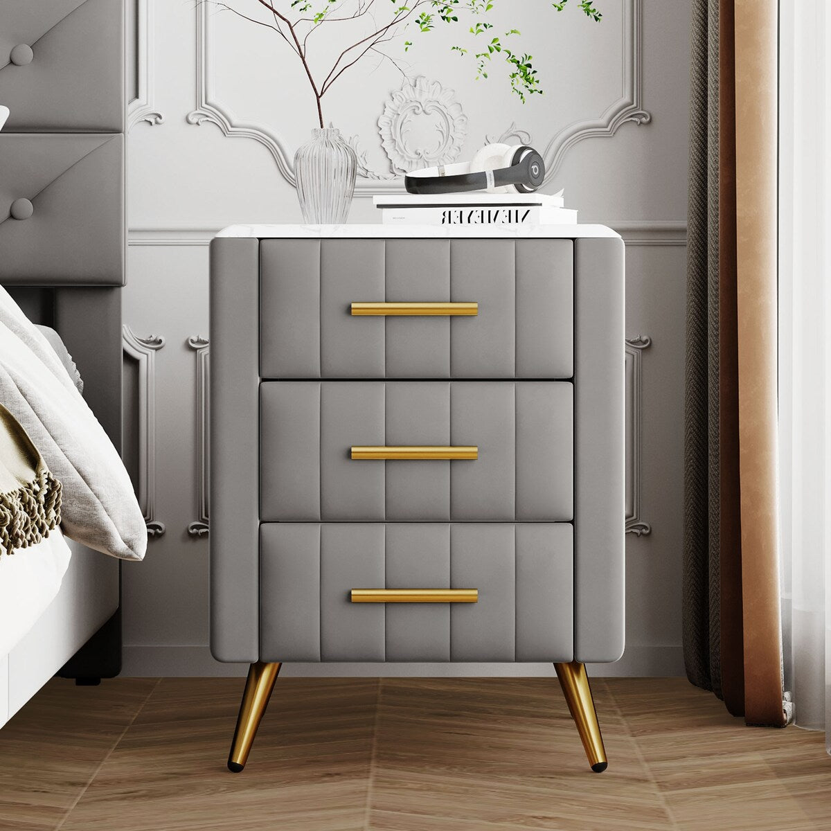 Upholstered Wooden Nightstand with 3 Drawers and Metal Legs