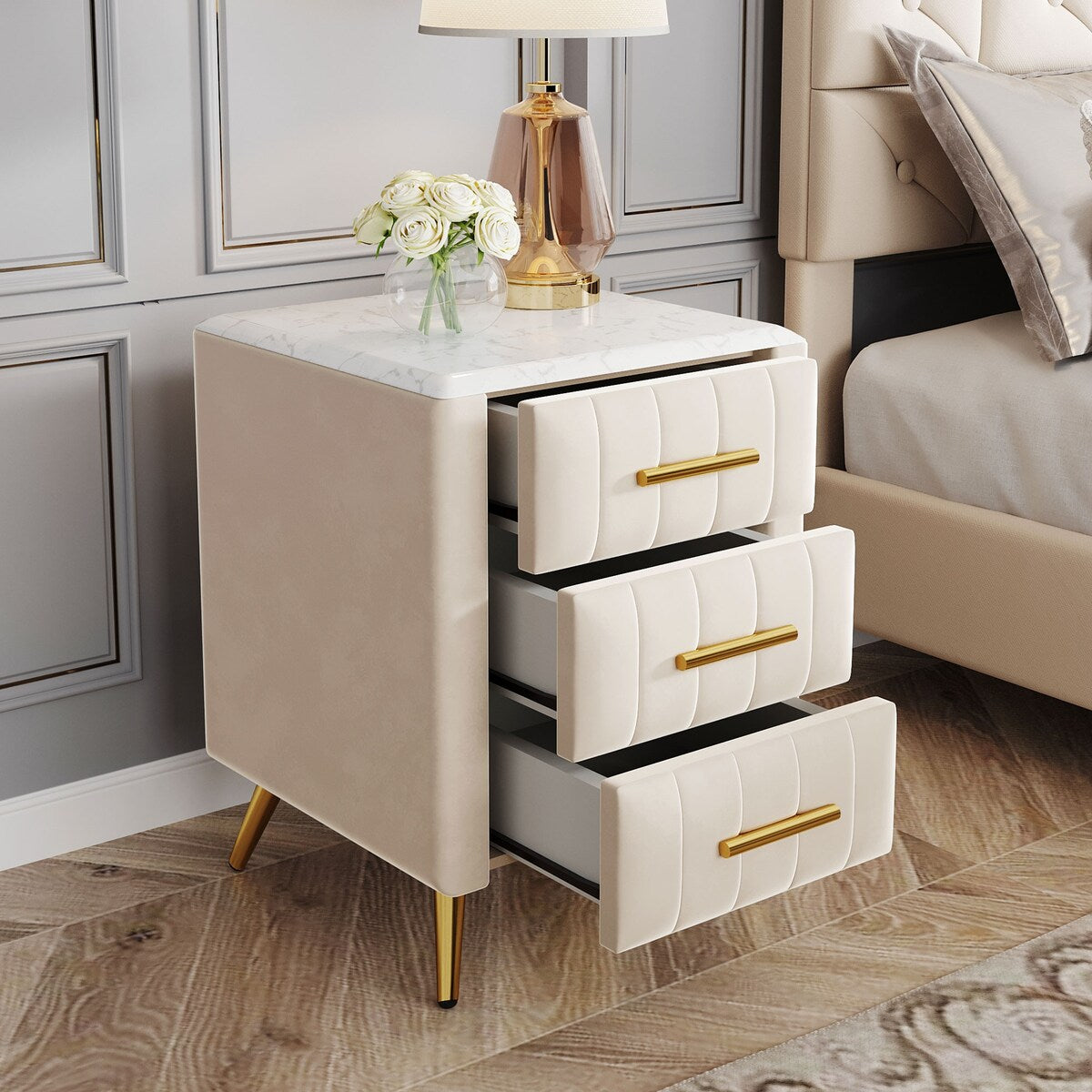 Upholstered Wooden Nightstand with 3 Drawers and Metal Legs