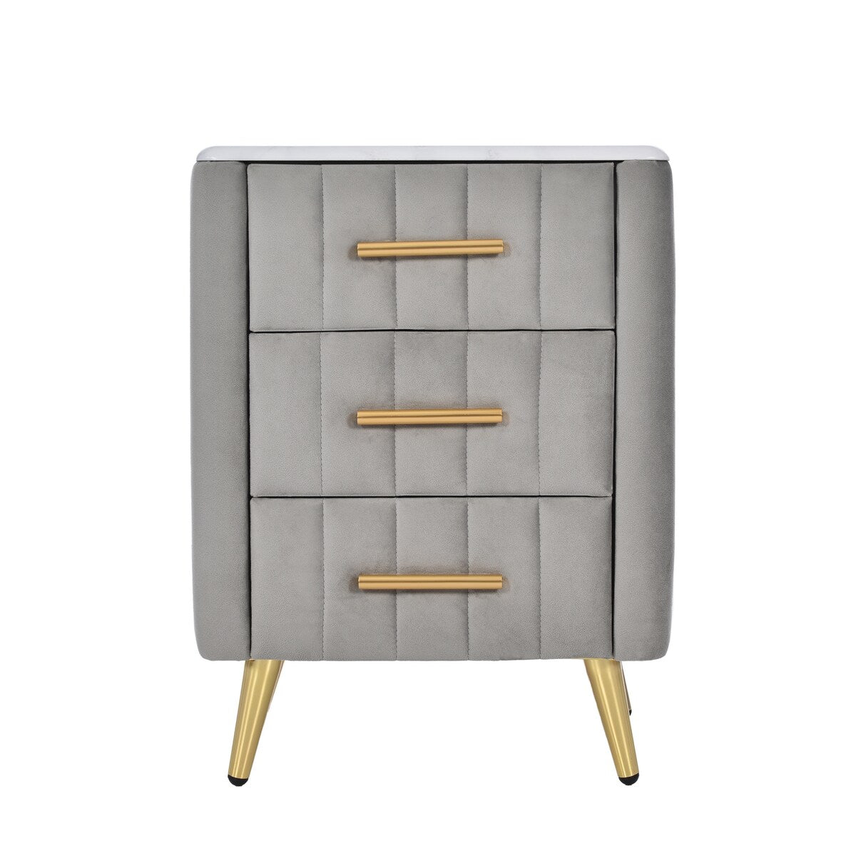 Upholstered Wooden Nightstand with 3 Drawers and Metal Legs