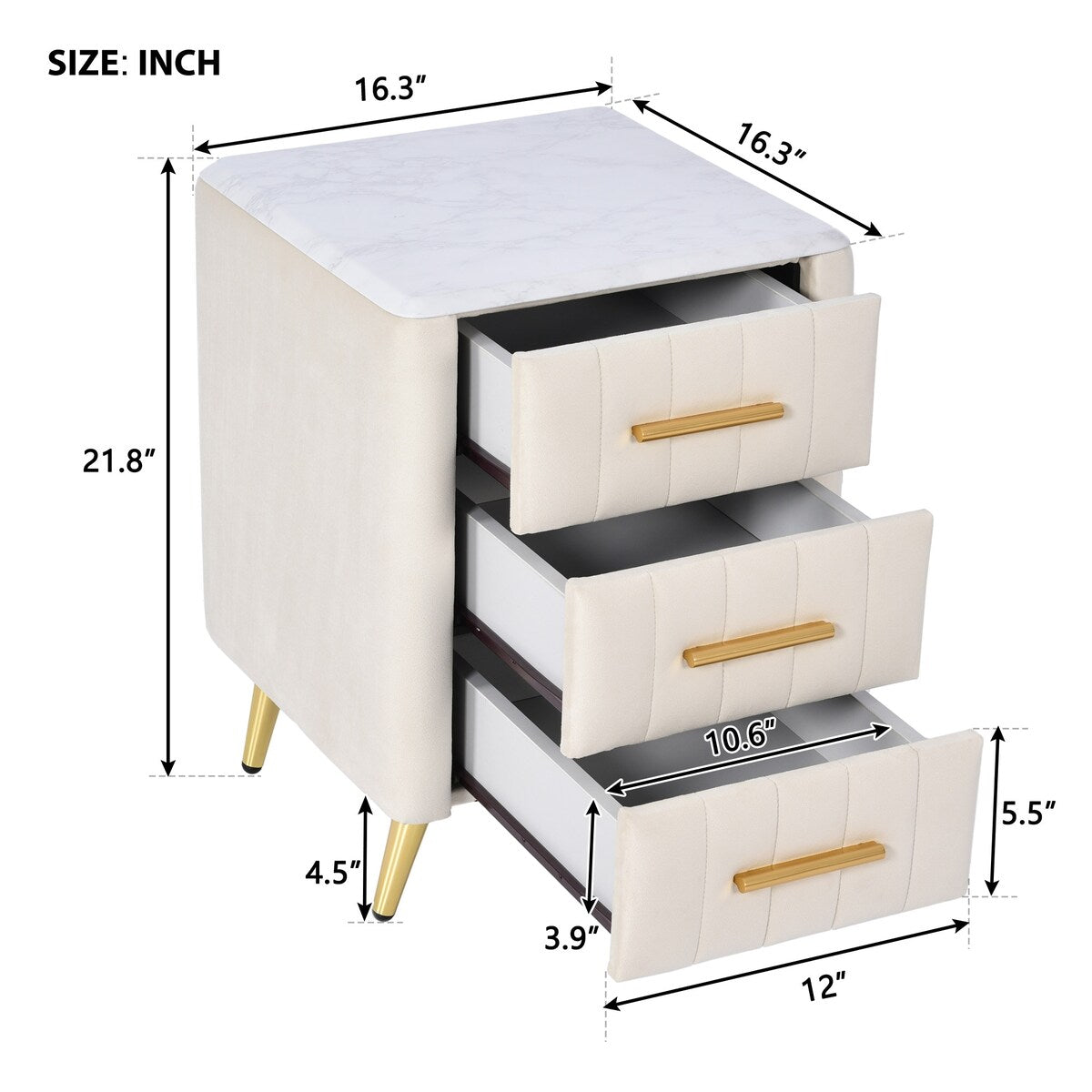 Upholstered Wooden Nightstand with 3 Drawers and Metal Legs