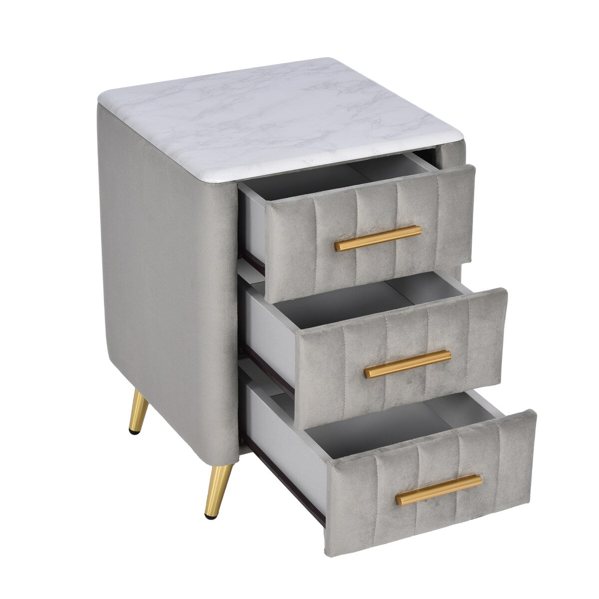 Upholstered Wooden Nightstand with 3 Drawers and Metal Legs