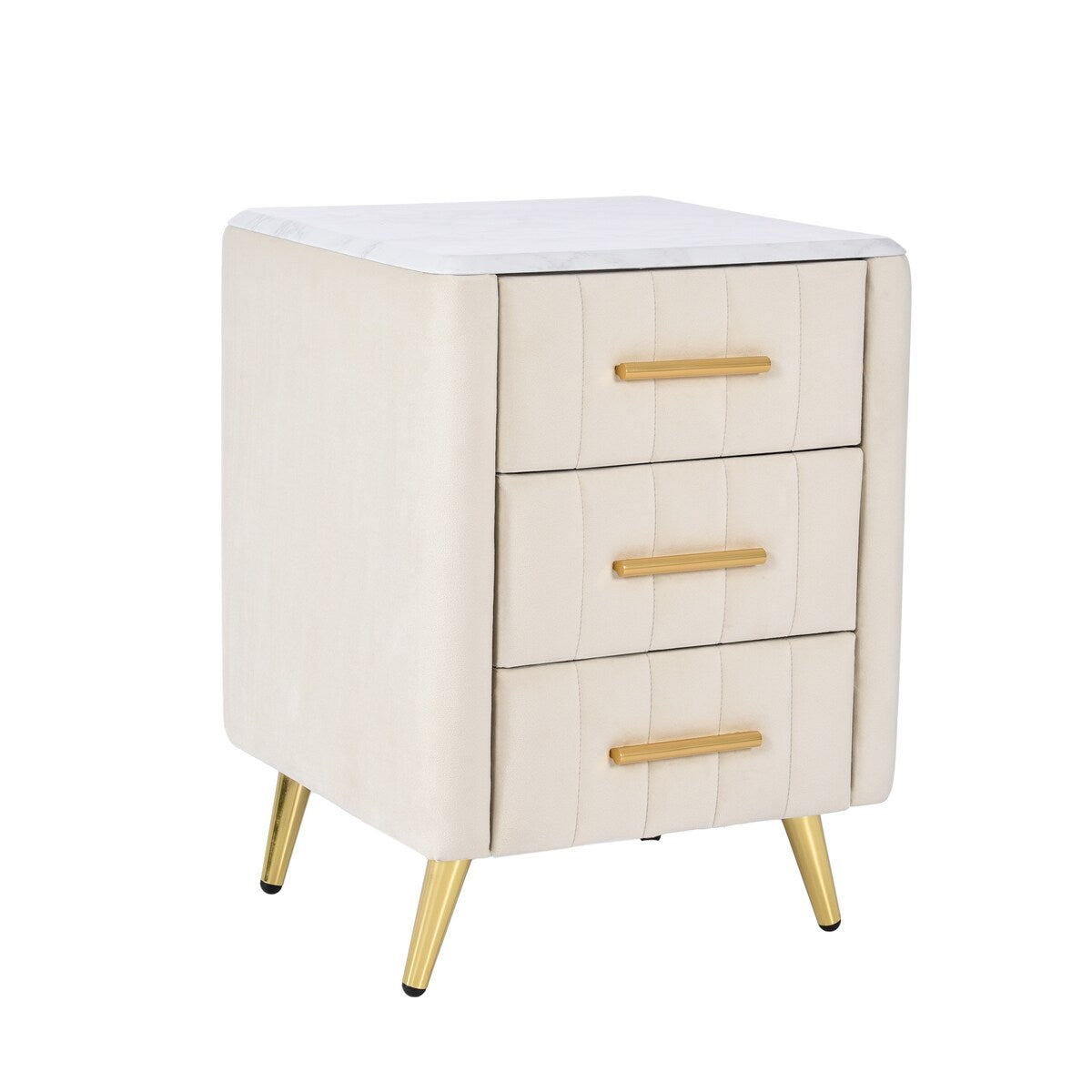 Upholstered Wooden Nightstand with 3 Drawers and Metal Legs