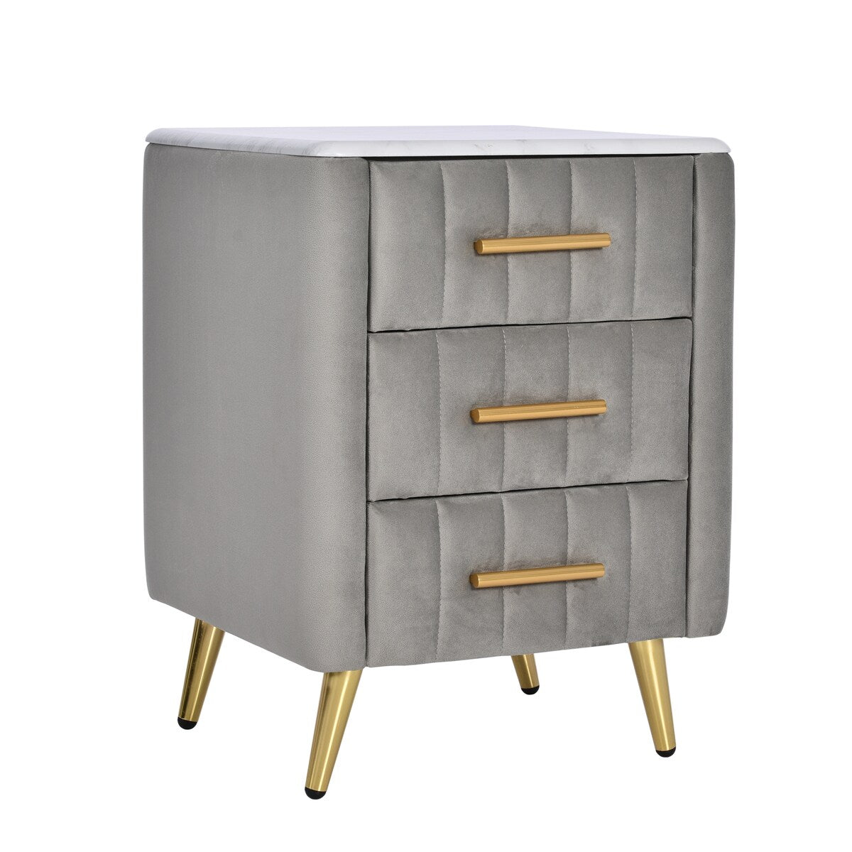 Upholstered Wooden Nightstand with 3 Drawers and Metal Legs