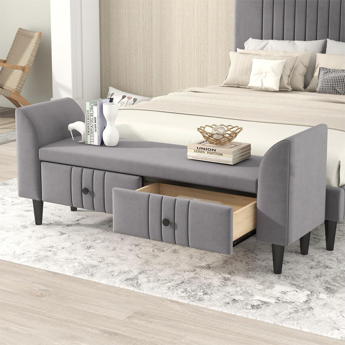 Upholstered Wooden Storage Ottoman Bench with 2 Drawers For Bedroom