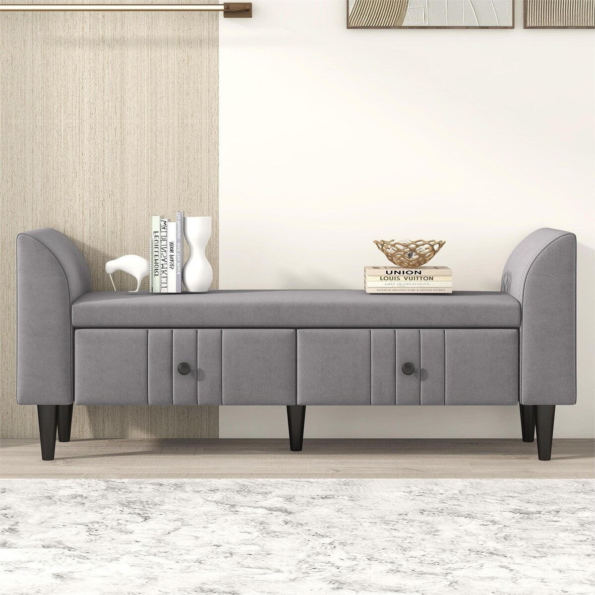 Upholstered Wooden Storage Ottoman Bench with 2 Drawers For Bedroom