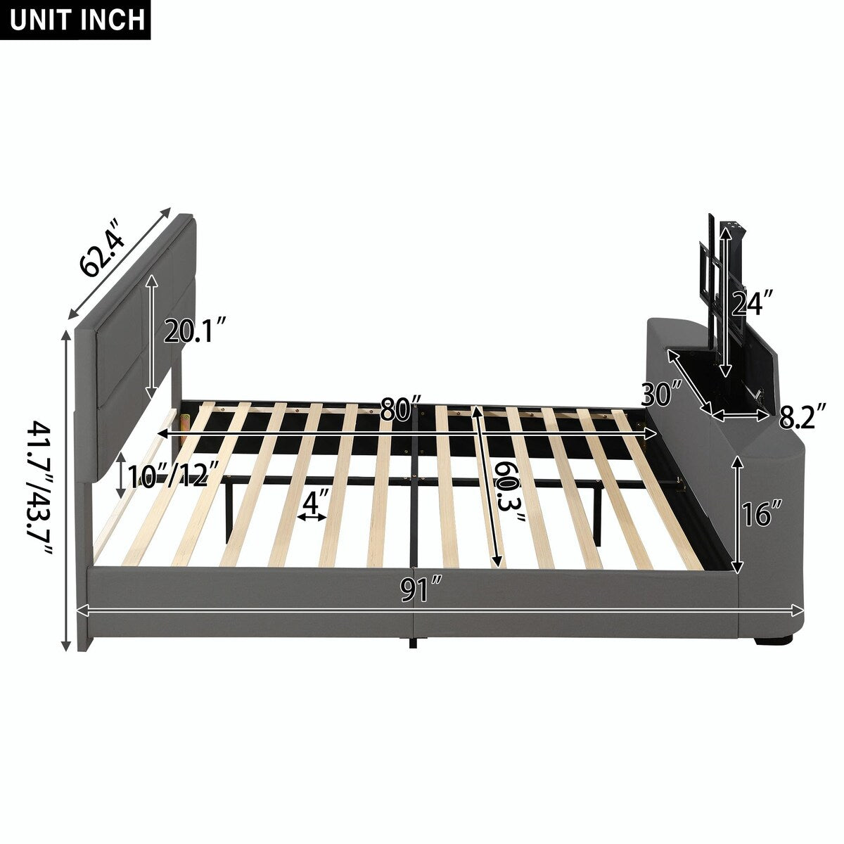 Upholstery TV Platform Bed Frame with Height- adjustable Headboard and Support Legs