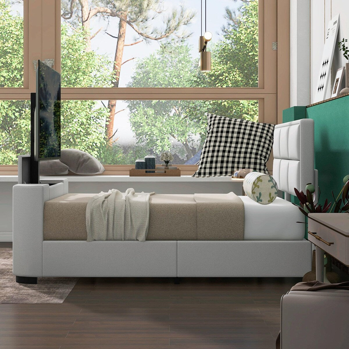 Upholstery TV Platform Bed Frame with Height- adjustable Headboard and Support Legs