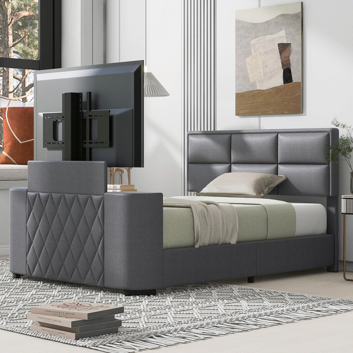 Upholstery TV Platform Bed Frame with Height- adjustable Headboard and Support Legs