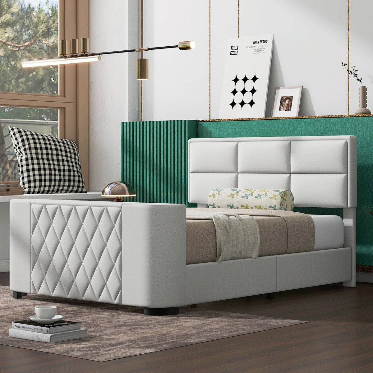 Upholstery TV Platform Bed Frame with Height- adjustable Headboard and Support Legs