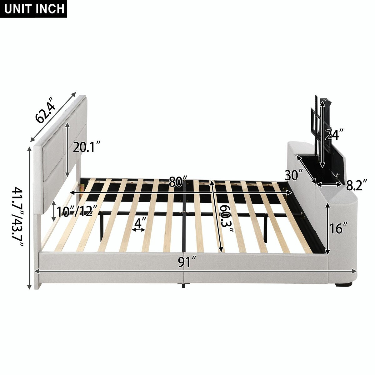 Upholstery TV Platform Bed Frame with Height- adjustable Headboard and Support Legs