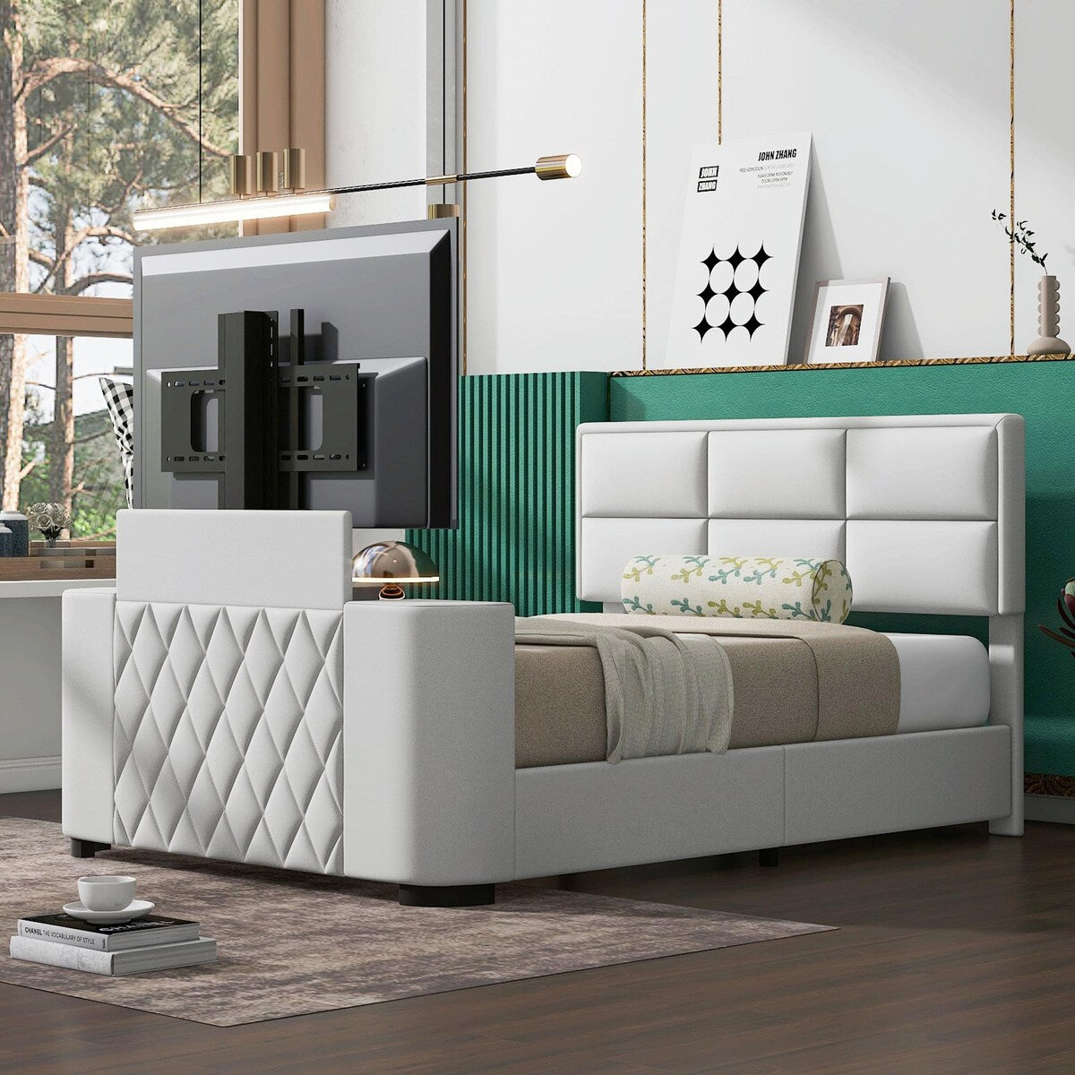 Upholstery TV Platform Bed Frame with Height- adjustable Headboard and Support Legs