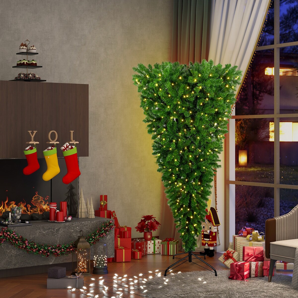 Upside Down Green Christmas Tree - LED Warm White Lights, Sturdy Metal Base - 6ft Easy Assembly