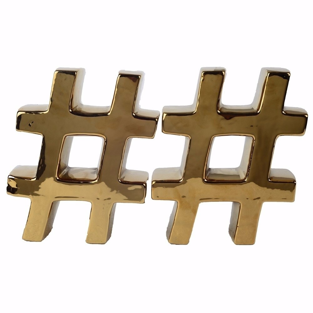 Urban Vogue Ceramic Hashtag Bookends, Gold, Set of 2