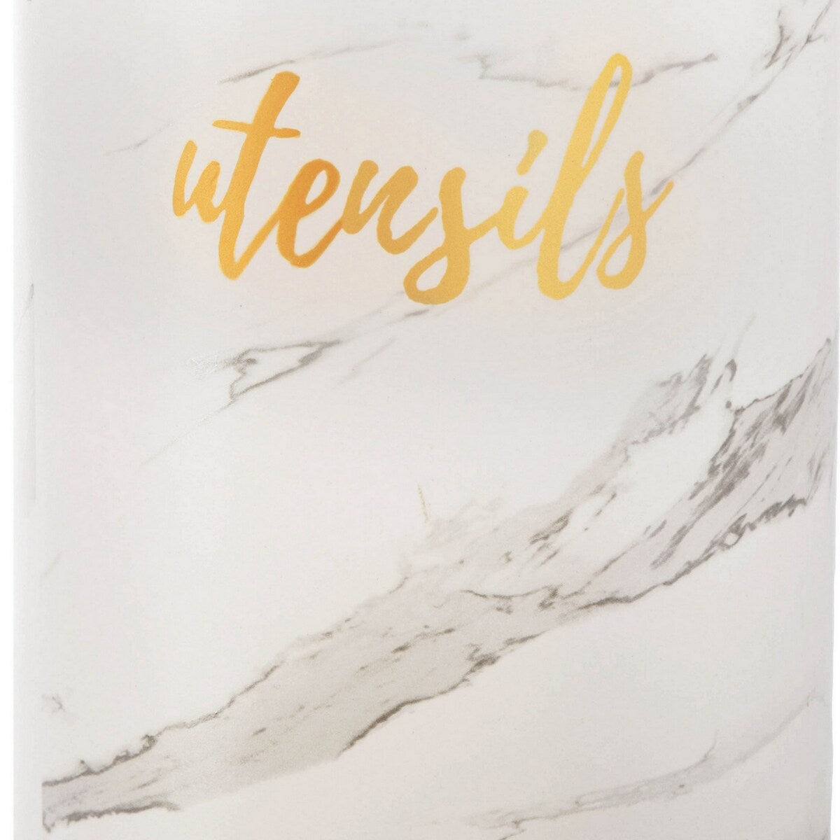Utensil Jar with Ceramic Frame and Cursive Writing, White
