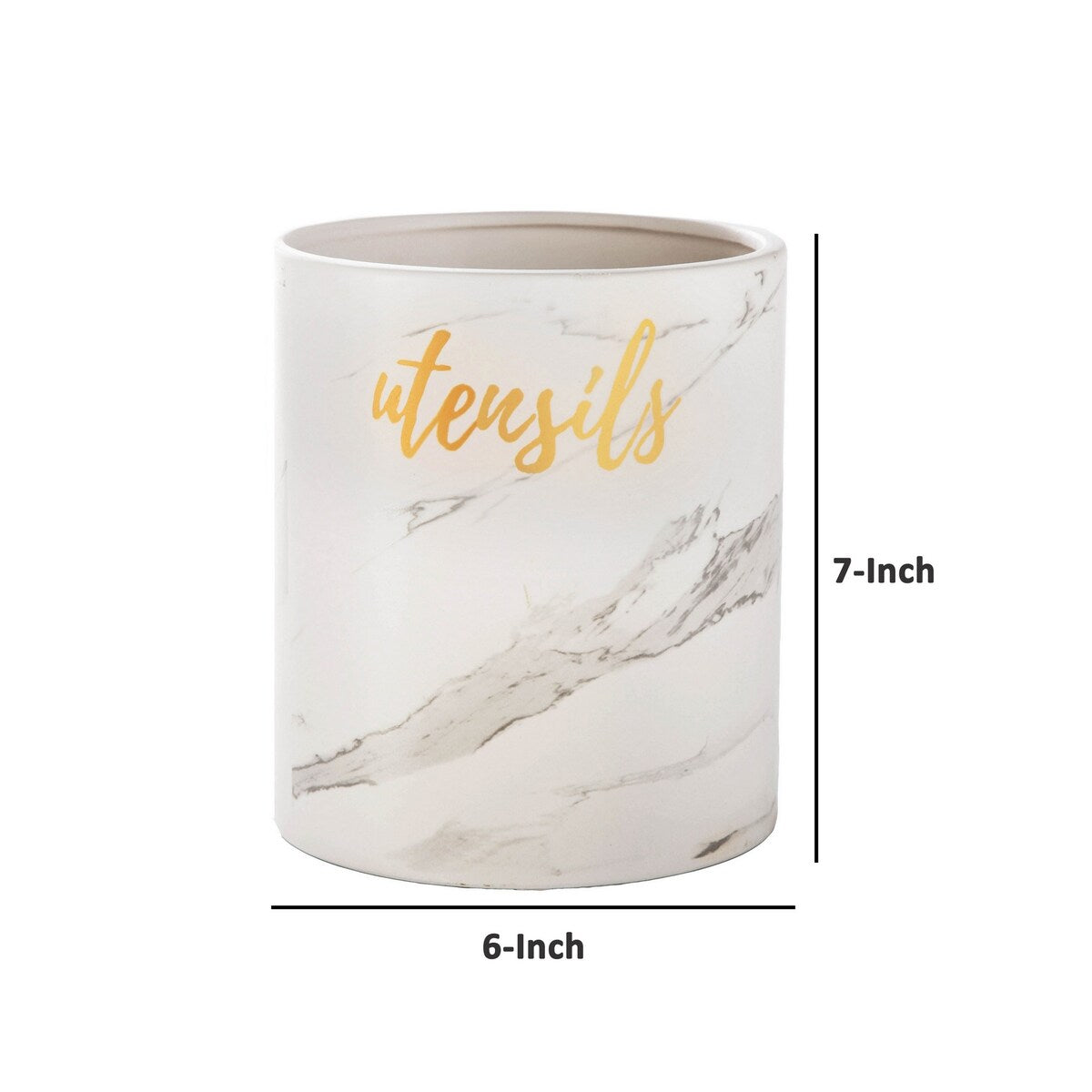 Utensil Jar with Ceramic Frame and Cursive Writing, White
