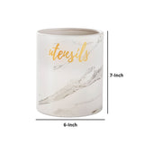 Utensil Jar with Ceramic Frame and Cursive Writing, White