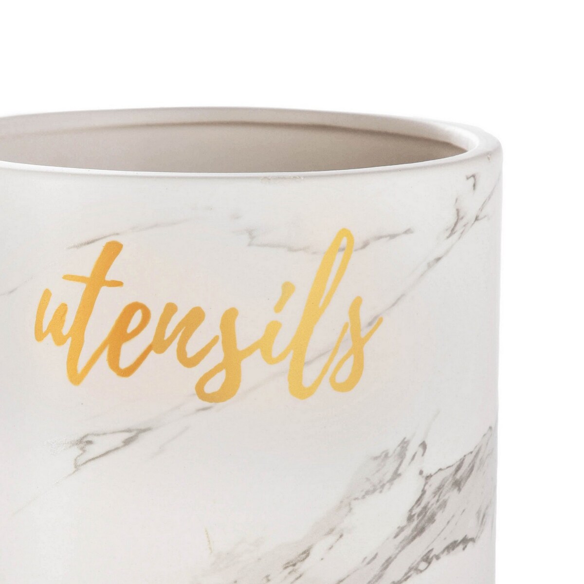 Utensil Jar with Ceramic Frame and Cursive Writing, White