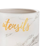 Utensil Jar with Ceramic Frame and Cursive Writing, White