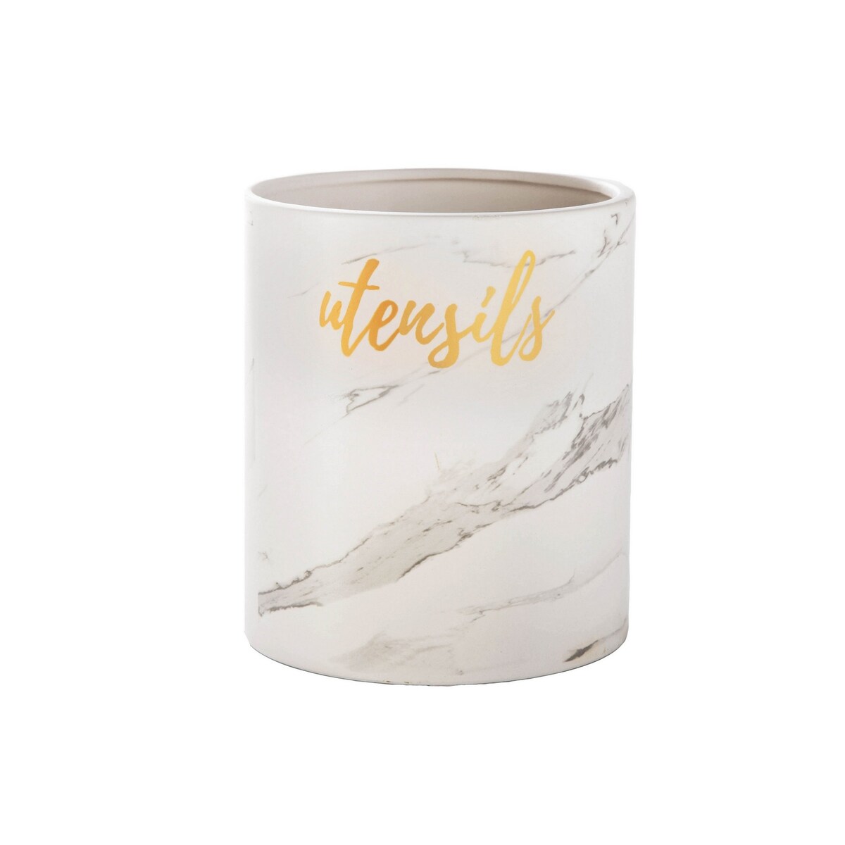 Utensil Jar with Ceramic Frame and Cursive Writing, White