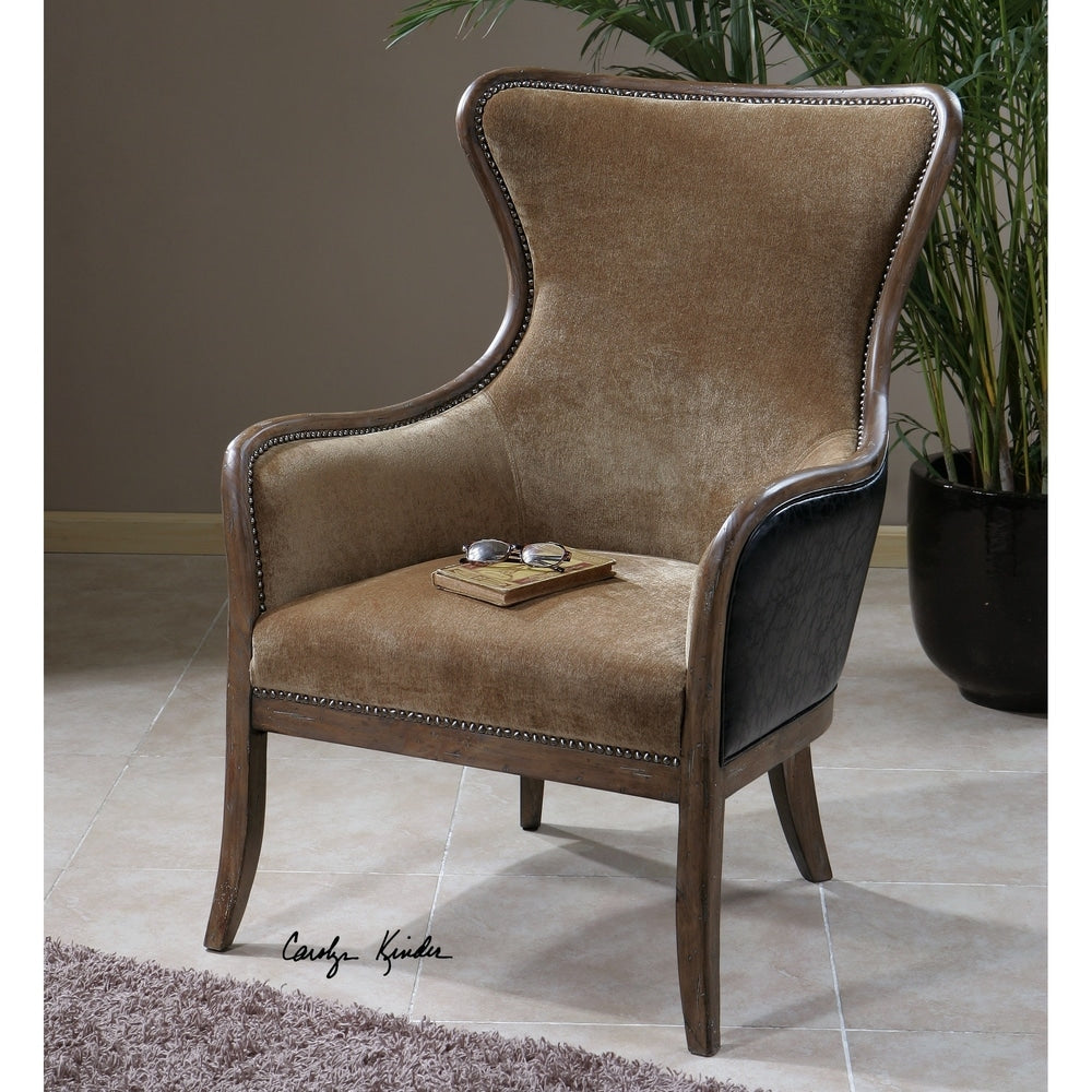 Uttermost Snowden Caramel Tan Solid Wood Wing Chair