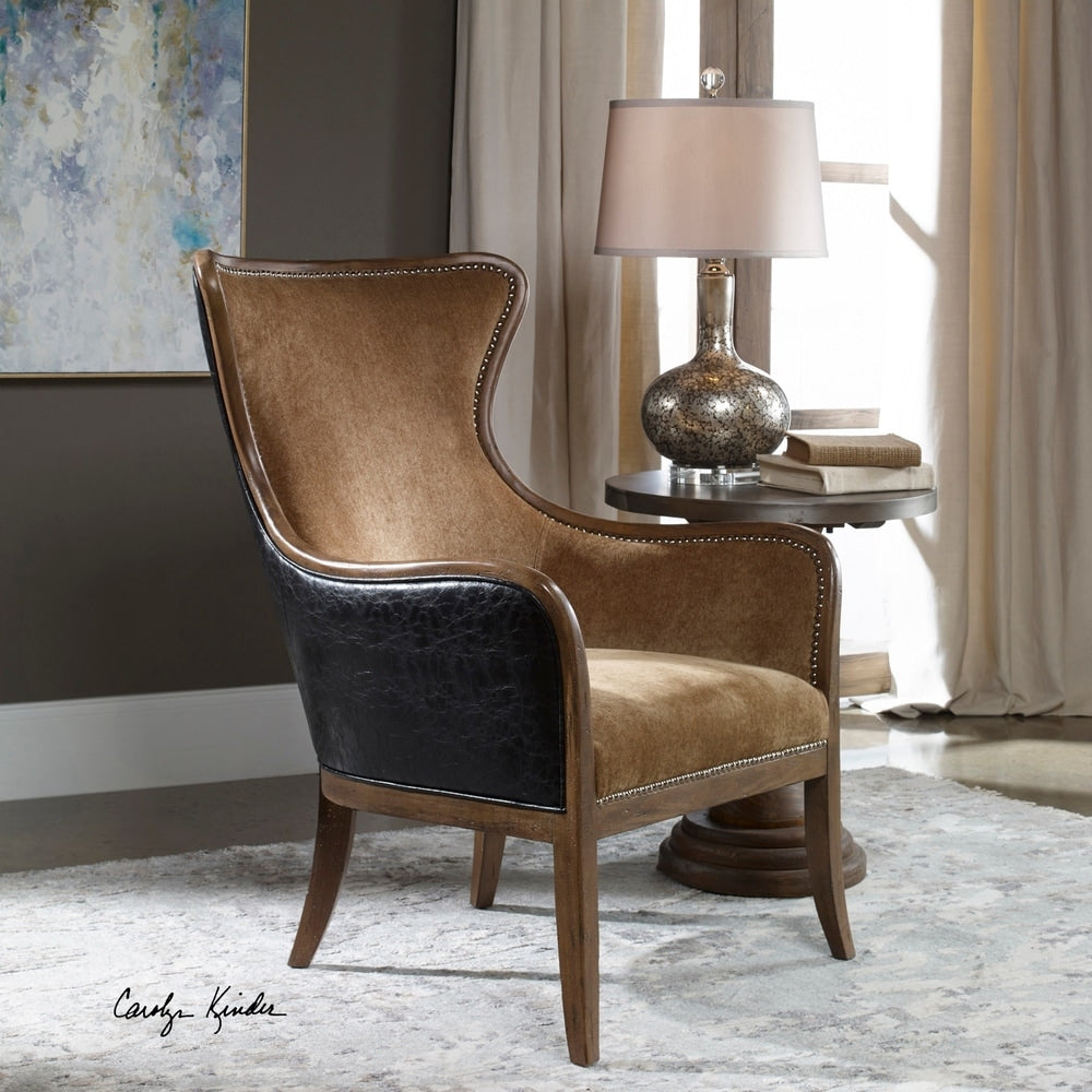 Uttermost Snowden Caramel Tan Solid Wood Wing Chair