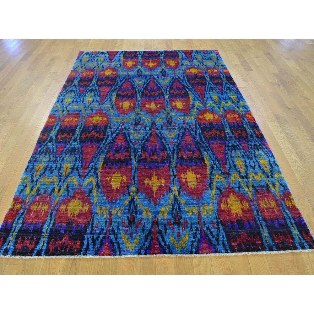 Uzbek Style Sari Silk Oriental Handmade Rug (5'1 x 8') - Denim